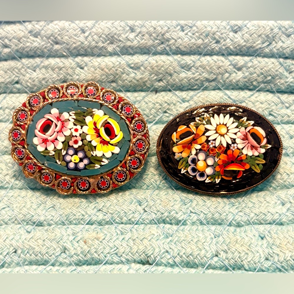 2 Italian Micro Mosaic Flower Bouquet Brooches $60 EACH